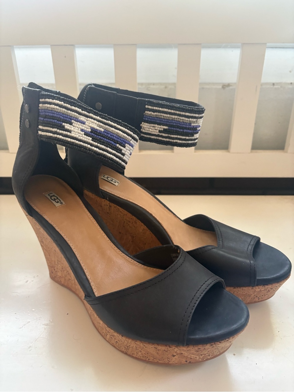 UGG Black Cork Wedge Sandals with Beaded Ankle Cuff sz 9 never worn